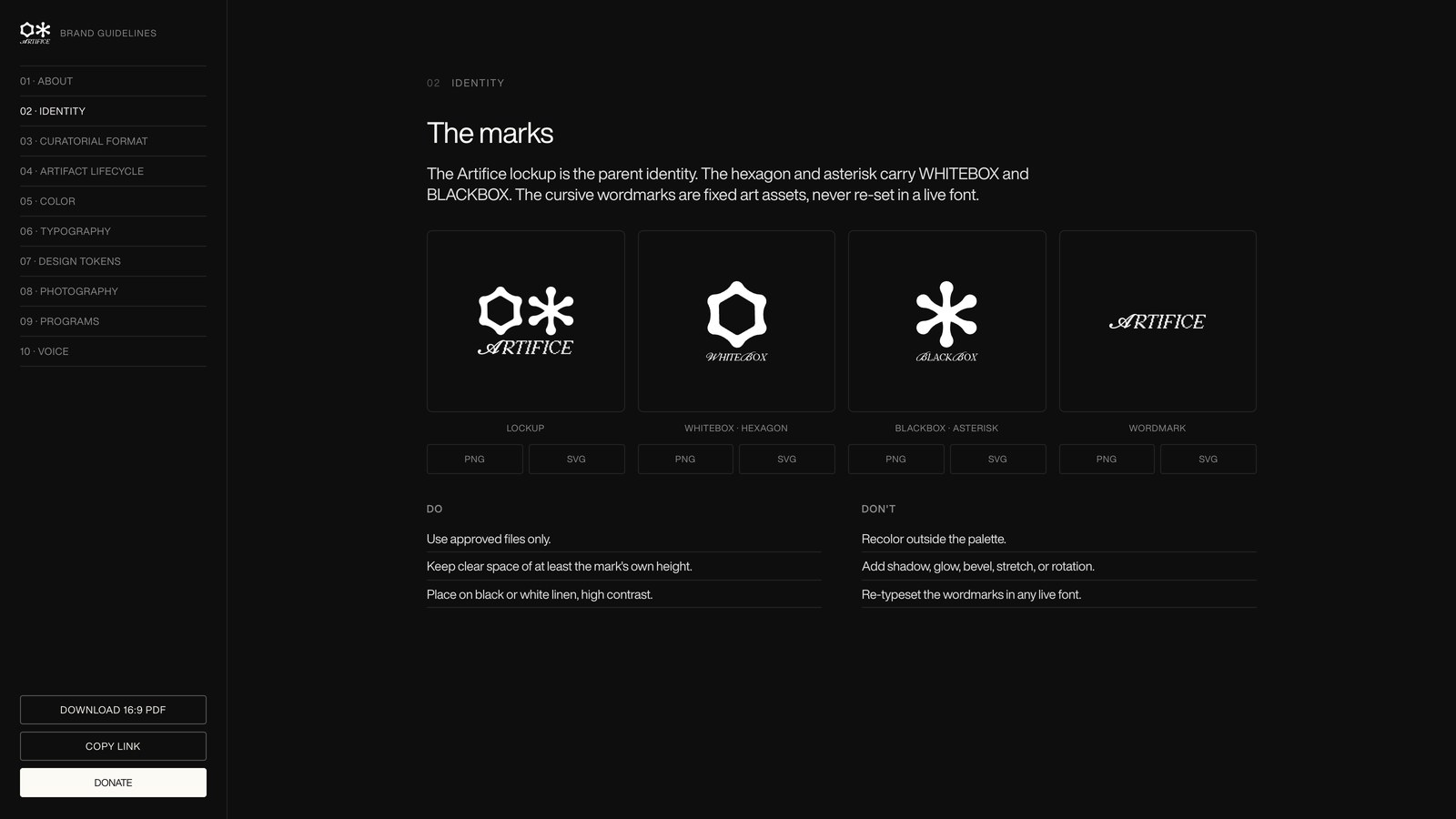 Artifice brand system: the mark family