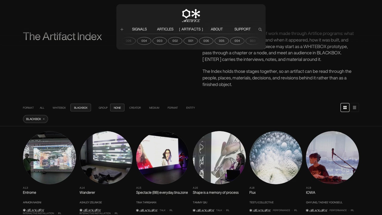 The Artifact Index filtered to BLACKBOX, the grid regrouped